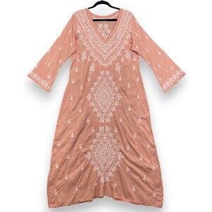 One Season Australia Kaftan Maxi Dress Womens M Pink Embroidered Boho Caftan